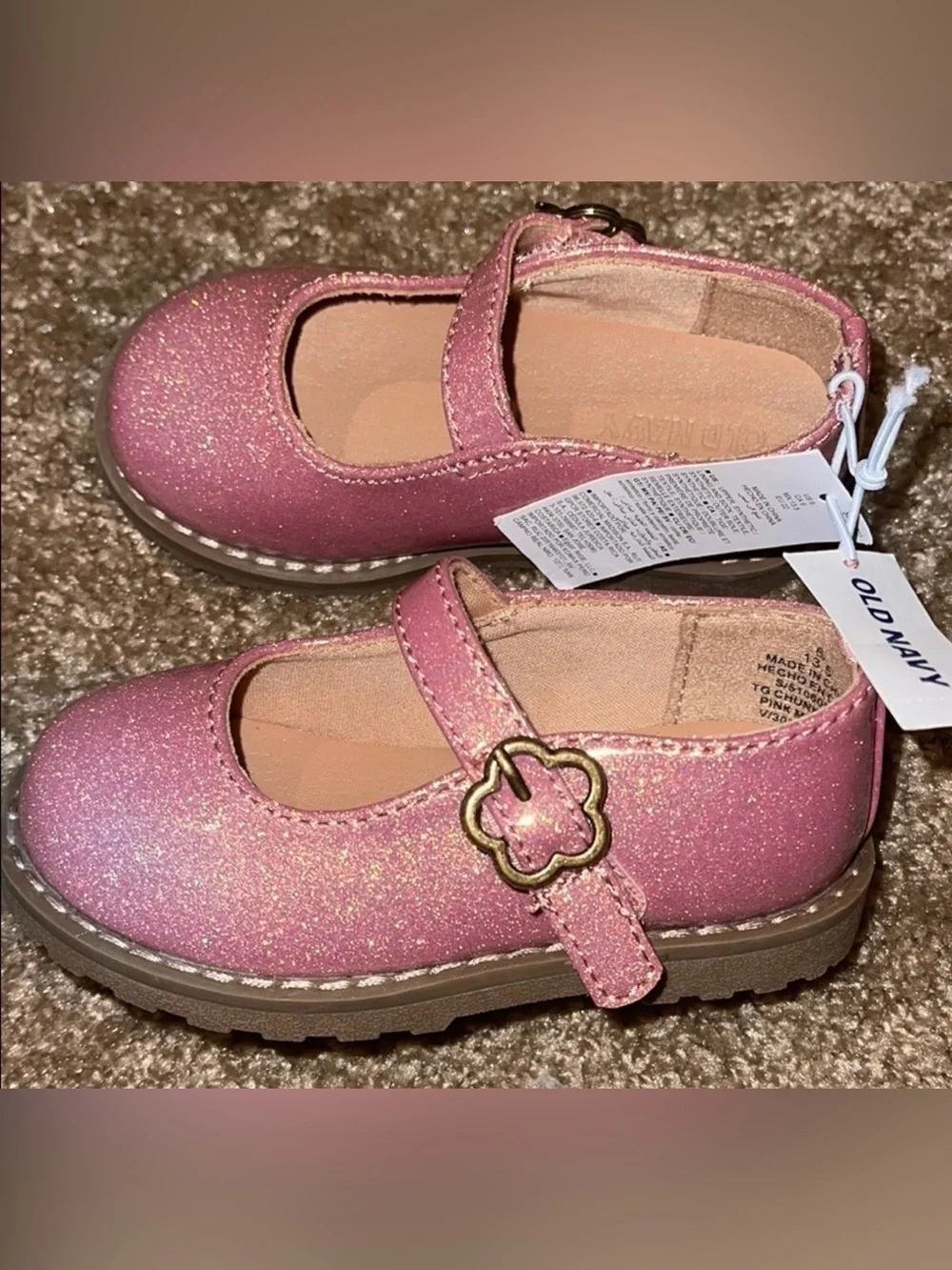 Old Navy Glittery Pink Mary Jane Shoes with Flower Buckle